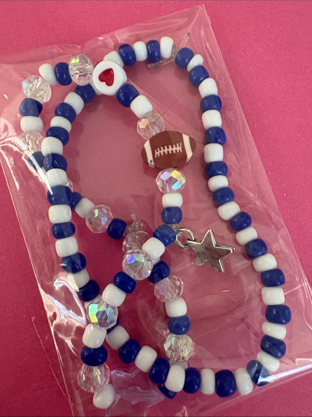 Blue & White Beaded Necklace with Football & Star Charms